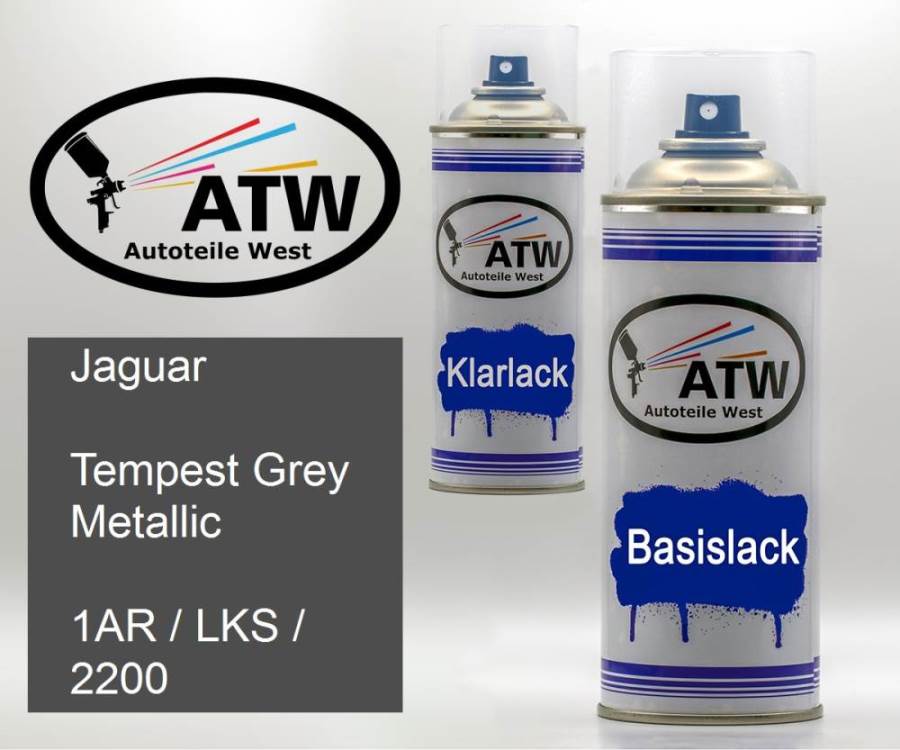 Jaguar, Tempest Grey Metallic, 1AR / LKS / 2200: 400ml Sprühdose + 400ml Klarlack - Set, von ATW Autoteile West.